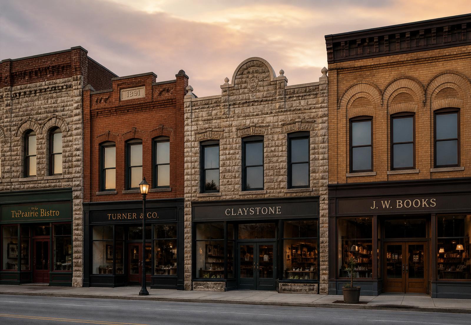 Independent storefronts on a midwestern main street at dusk