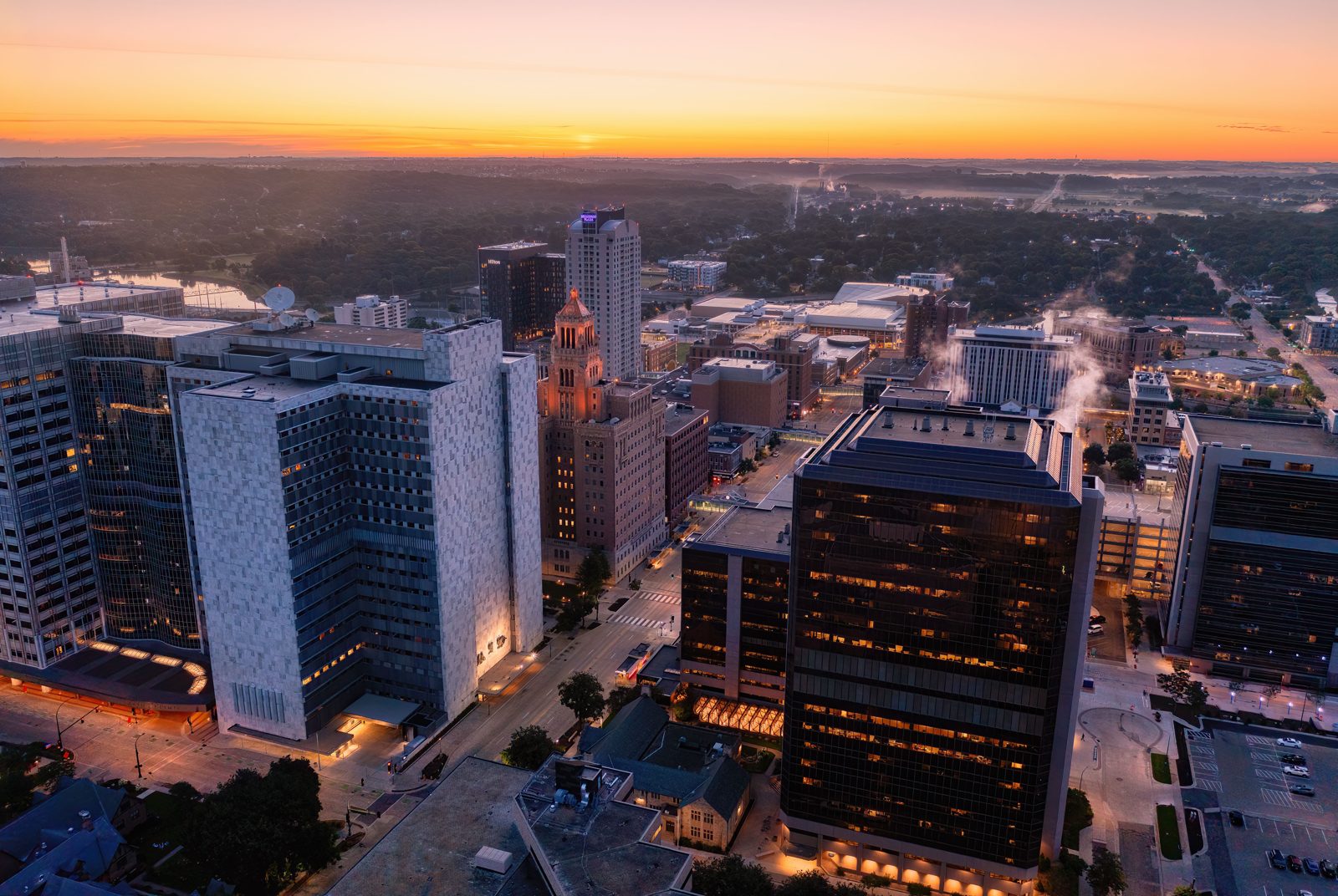 Aerial view of a midwestern downtown business district at sunrise